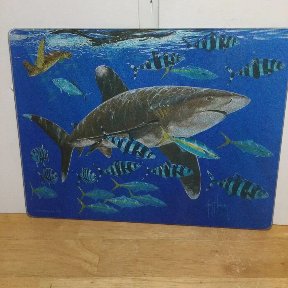 Guy Harvey Art Work Shark Cutting Board 12x16 Tempered‎ Glass EZ clean 43019